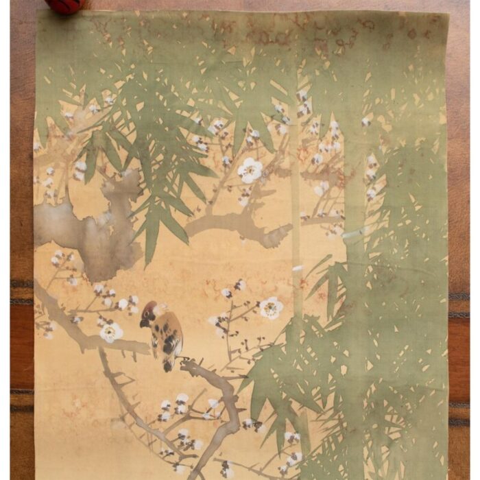 pre 1940s showa era japanese large watercolor painting on silk sparrows sakura and bamboo 5799