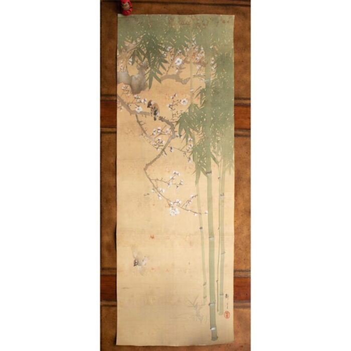 pre 1940s showa era japanese large watercolor painting on silk sparrows sakura and bamboo 8841