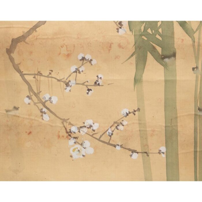 pre 1940s showa era japanese large watercolor painting on silk sparrows sakura and bamboo 8906