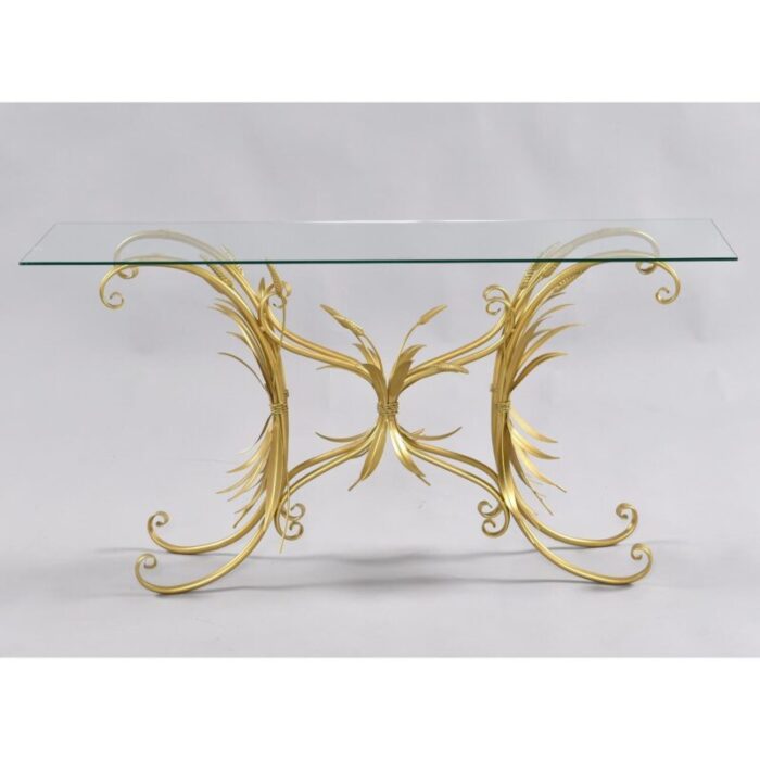 restored vintage gilded wheat sheaf tole sofa table with new glass 6758