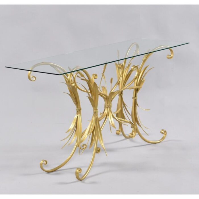 restored vintage gilded wheat sheaf tole sofa table with new glass 8667