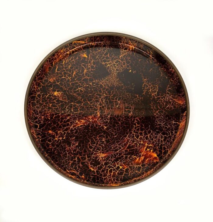 round centerpiece serving tray in faux tortoiseshell and brass italy 1970s 4