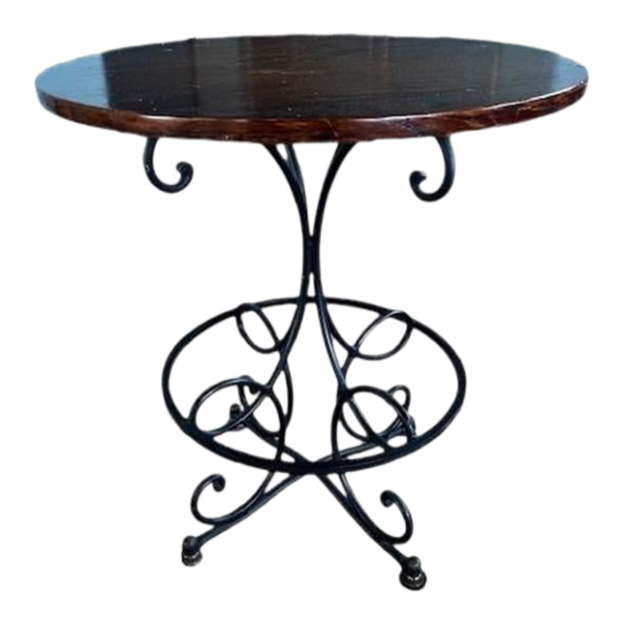 round walnut accent table with ornate wrought iron base by baker circa 1965 6807