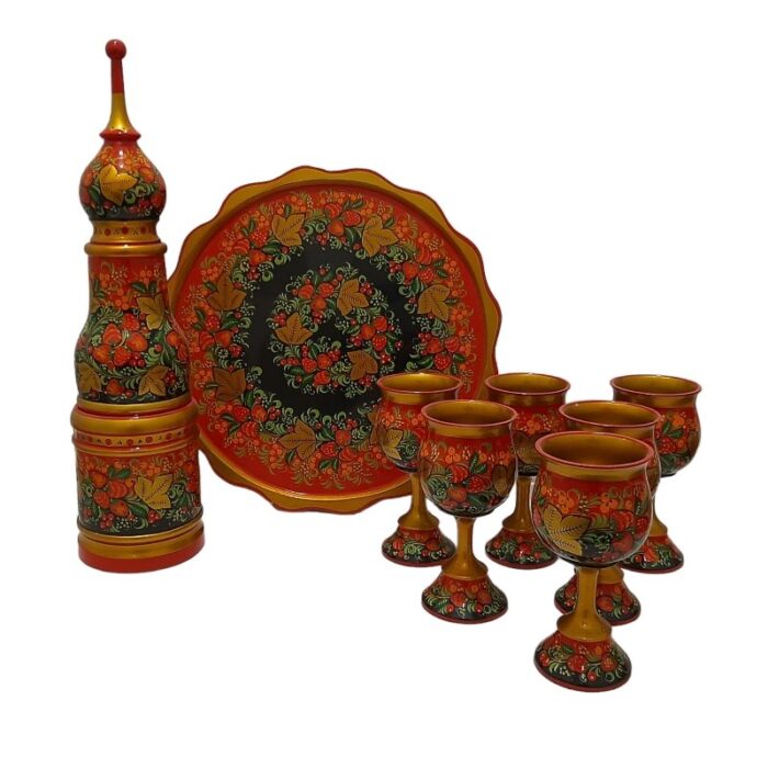 russian folk art hand decorated and hand painted wine set 1980s set of 10 15