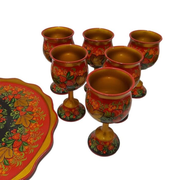 russian folk art hand decorated and hand painted wine set 1980s set of 10 3