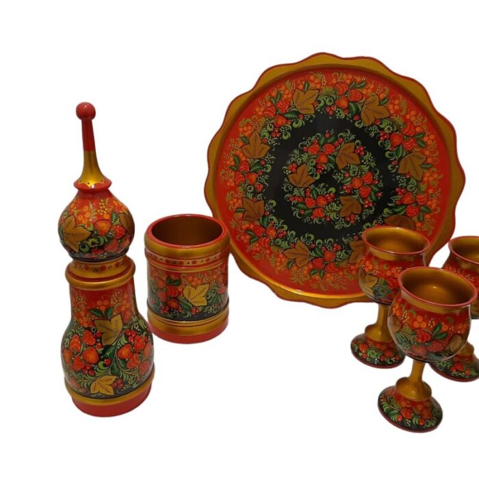 russian folk art hand decorated and hand painted wine set 1980s set of 10 6