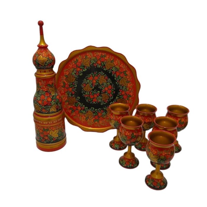 russian folk art hand decorated and hand painted wine set 1980s set of 10 9