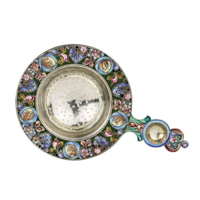 russian silver tea strainer with enamel decor in style of russian art nouveau 1