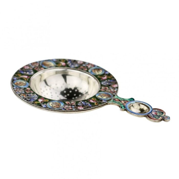 russian silver tea strainer with enamel decor in style of russian art nouveau 4