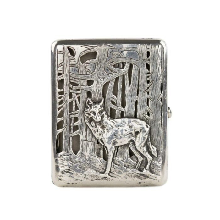 russian slotted cigarette case in silver with wolf at the edge of the forest decor late 19th early 20th century 1