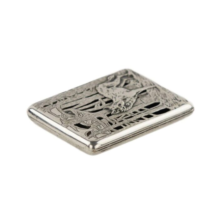 russian slotted cigarette case in silver with wolf at the edge of the forest decor late 19th early 20th century 2