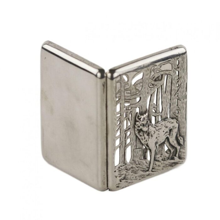 russian slotted cigarette case in silver with wolf at the edge of the forest decor late 19th early 20th century 3