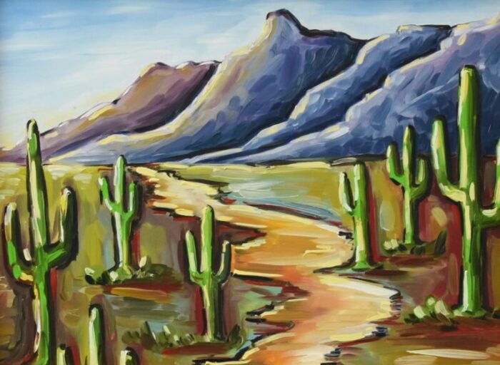 saguaro national park arizona southwestern oil painting including the antiqued gold wood frame 9474