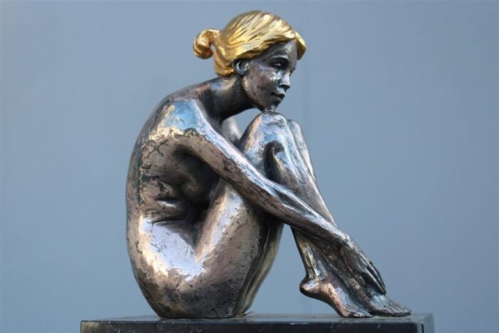 sculpture of woman in silver and gold finish by guido mariani 1970 7