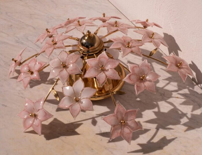 set of 2 vintage murano ceiling light pink flowers 1970s 2350