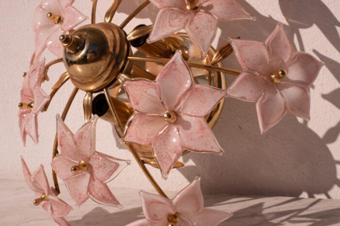 set of 2 vintage murano ceiling light pink flowers 1970s 4837