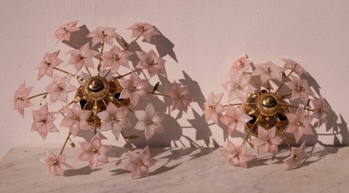 set of 2 vintage murano ceiling light pink flowers 1970s 6817