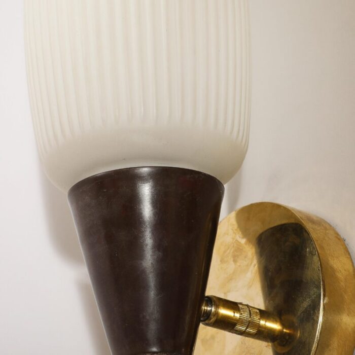 set of 3 mid century frosted glass burnt umber enamel walnut and brass sconces 0726