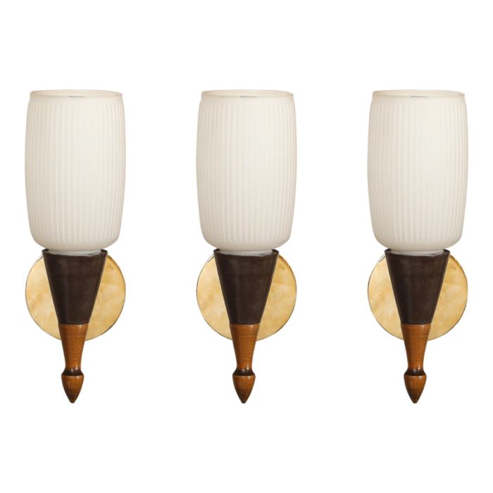 set of 3 mid century frosted glass burnt umber enamel walnut and brass sconces 6792