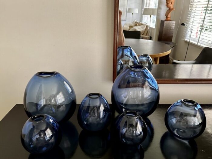 set of 6 saphire blue drop vases designed by per lutken for holmegaard 1960s 4623