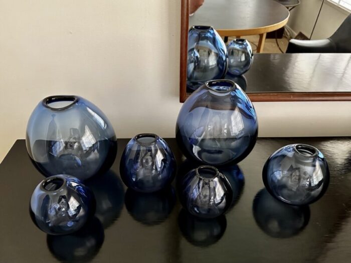 set of 6 saphire blue drop vases designed by per lutken for holmegaard 1960s 5760