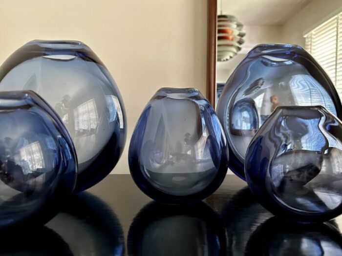 set of 6 saphire blue drop vases designed by per lutken for holmegaard 1960s 5779