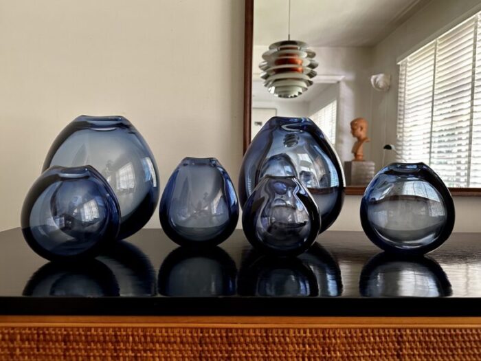 set of 6 saphire blue drop vases designed by per lutken for holmegaard 1960s 8994