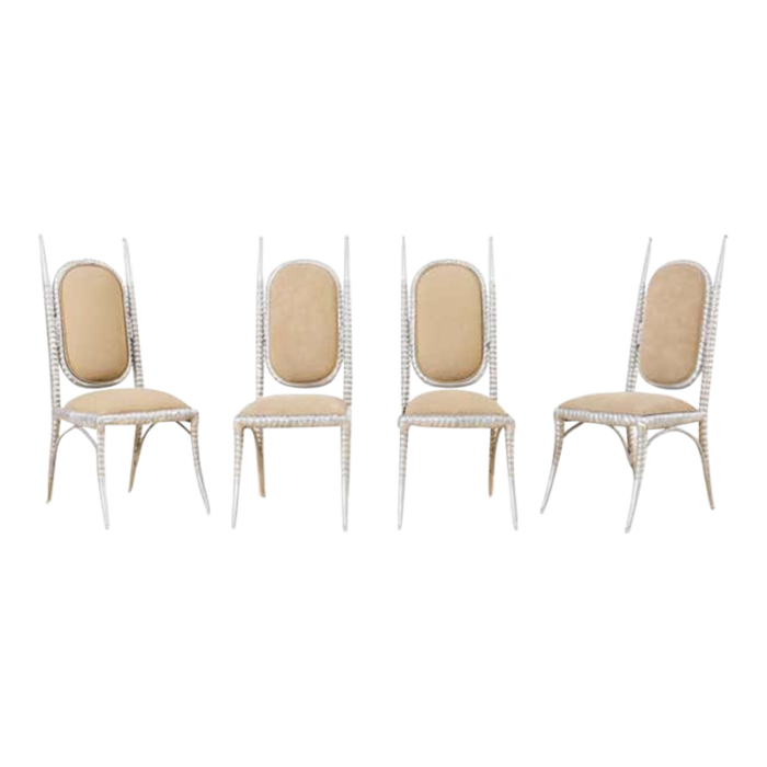 set of four arthur court horned antler aluminum dining chairs 2368