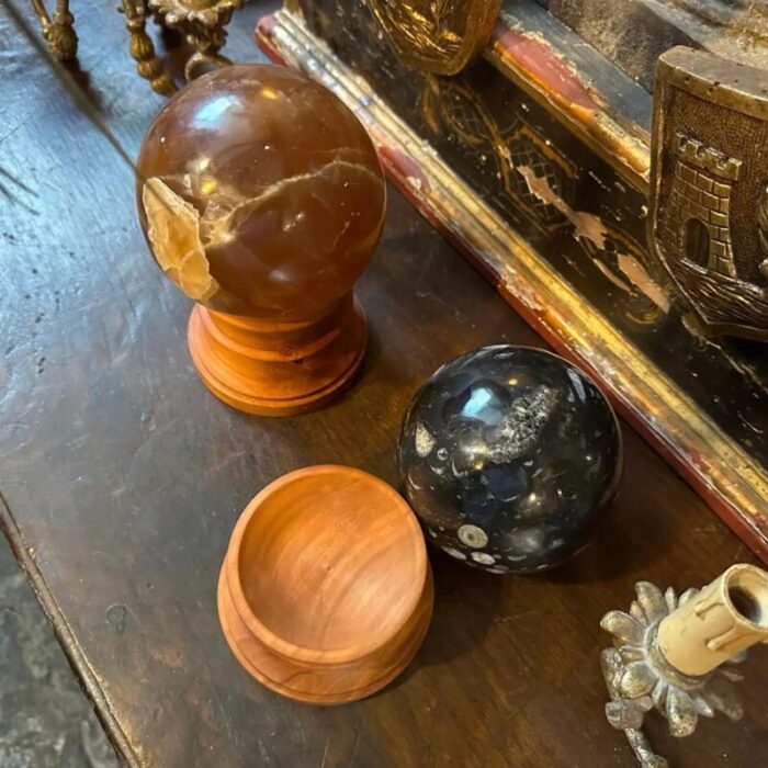 set of two 1930s art deco italian marble spheres on cherry wood stand 0667