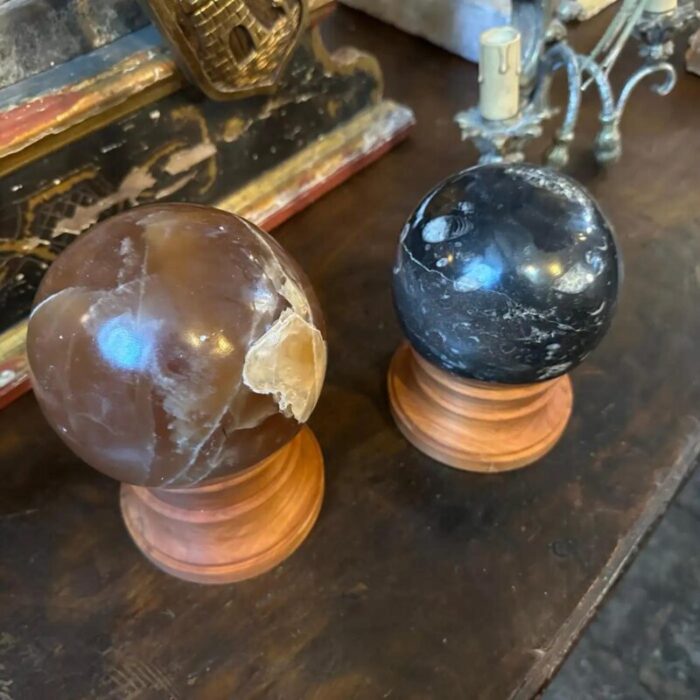 set of two 1930s art deco italian marble spheres on cherry wood stand 1511