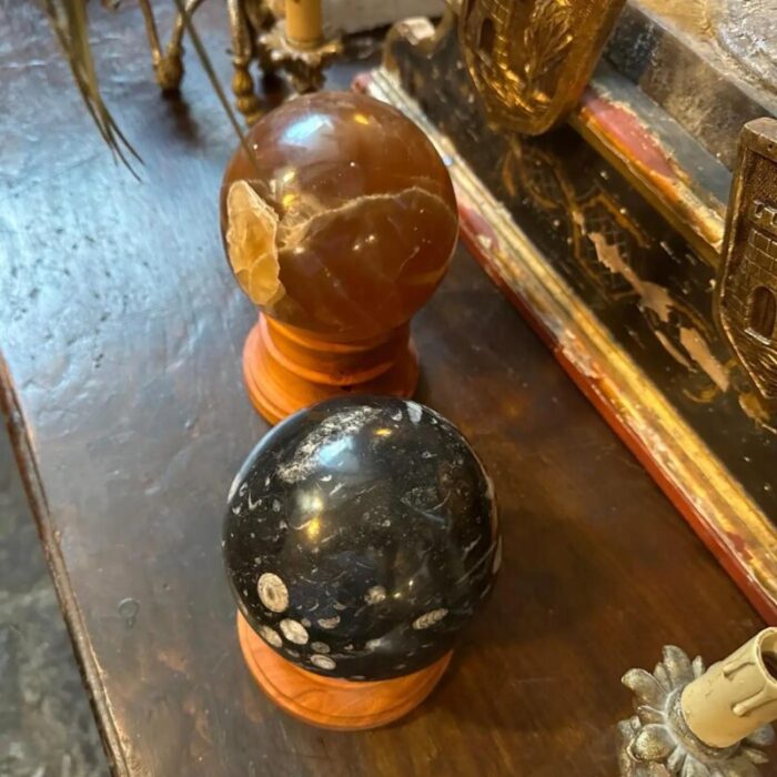 set of two 1930s art deco italian marble spheres on cherry wood stand 2947