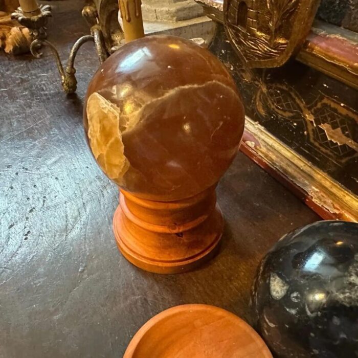 set of two 1930s art deco italian marble spheres on cherry wood stand 3287