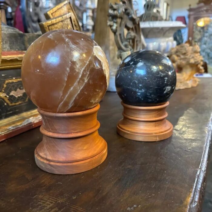 set of two 1930s art deco italian marble spheres on cherry wood stand 5314