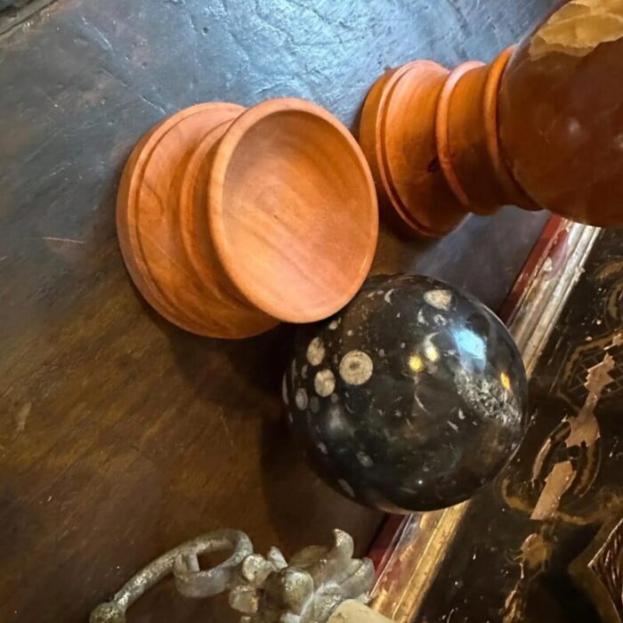 set of two 1930s art deco italian marble spheres on cherry wood stand 5808