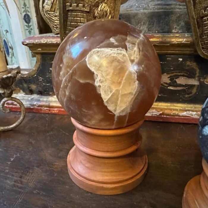 set of two 1930s art deco italian marble spheres on cherry wood stand 6076