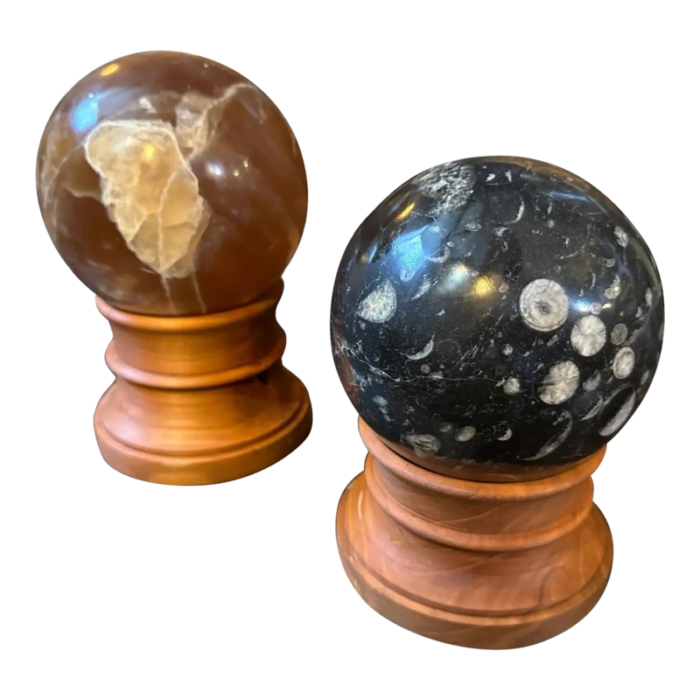 set of two 1930s art deco italian marble spheres on cherry wood stand 6484