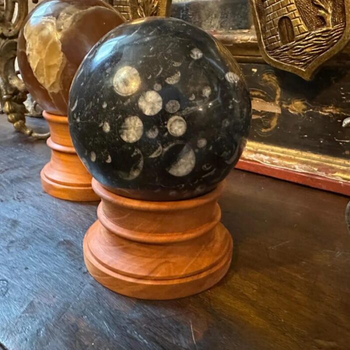 set of two 1930s art deco italian marble spheres on cherry wood stand 8672