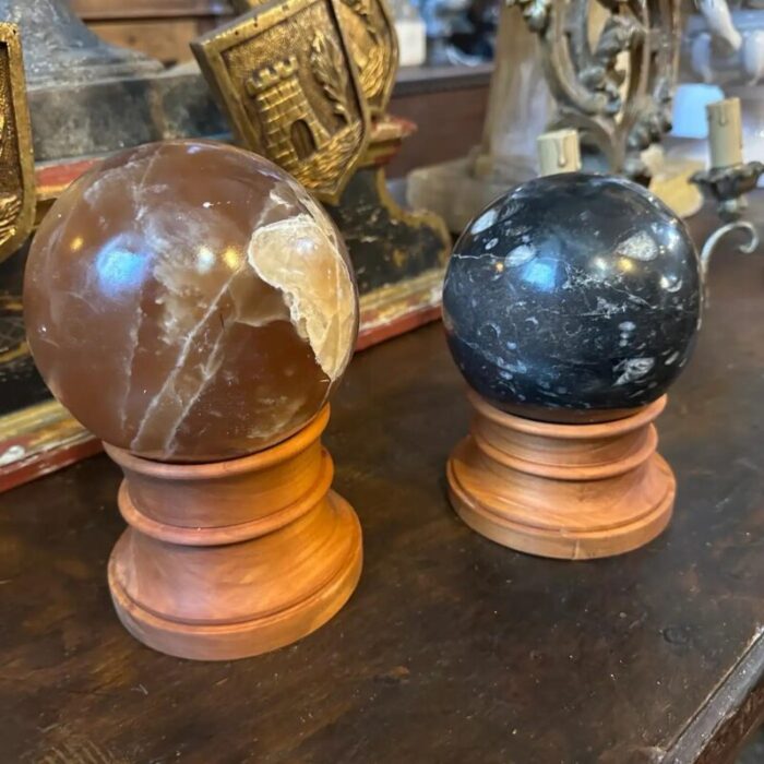 set of two 1930s art deco italian marble spheres on cherry wood stand 8929