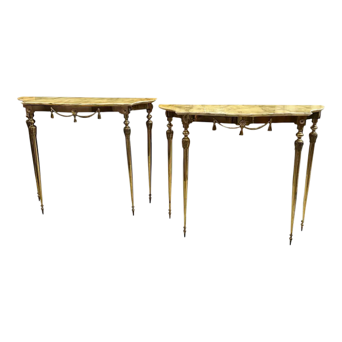 set of two 1950s neoclassical brass and onyx marble italian console tables 0303