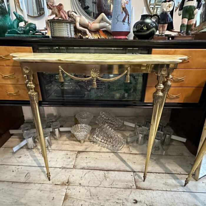 set of two 1950s neoclassical brass and onyx marble italian console tables 1048