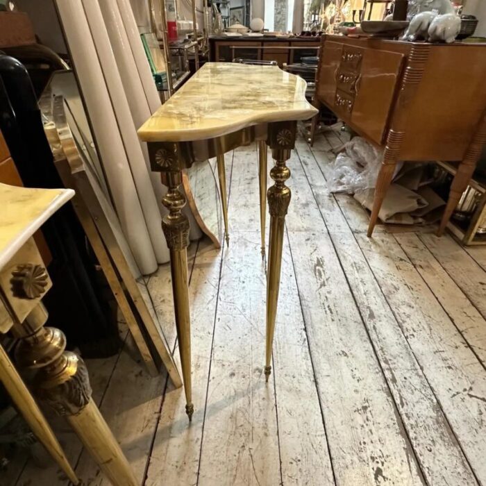 set of two 1950s neoclassical brass and onyx marble italian console tables 1396