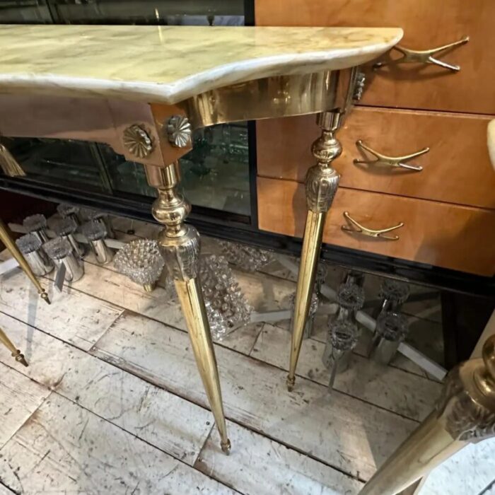 set of two 1950s neoclassical brass and onyx marble italian console tables 1489