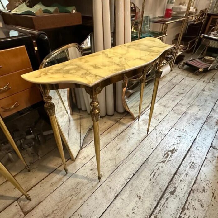 set of two 1950s neoclassical brass and onyx marble italian console tables 1622