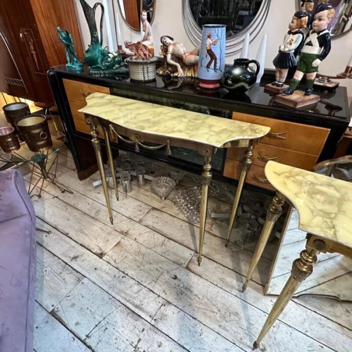 set of two 1950s neoclassical brass and onyx marble italian console tables 3990