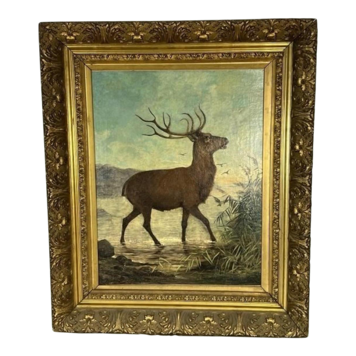 signed and dated 1879 belgian artist charles boland oc painting of a stag in water framed 3242