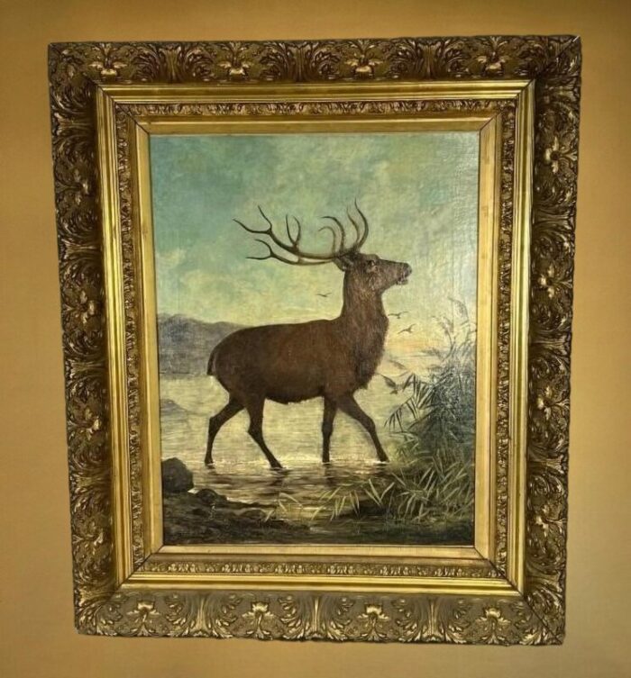 signed and dated 1879 belgian artist charles boland oc painting of a stag in water framed 3729