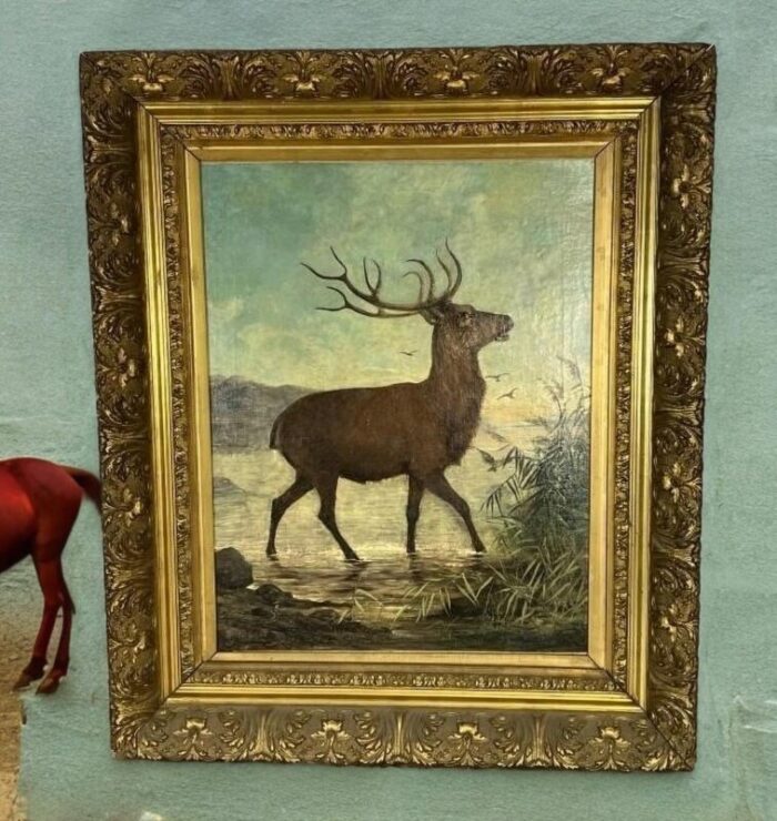 signed and dated 1879 belgian artist charles boland oc painting of a stag in water framed 8496