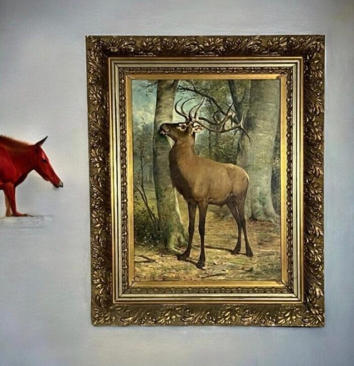 signed and dated 1879 belgian artist charles boland oc painting of a stag marking a tree trunk framed 2849