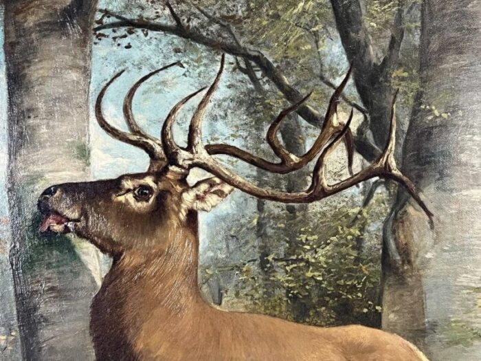 signed and dated 1879 belgian artist charles boland oc painting of a stag marking a tree trunk framed 5320