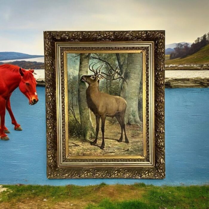 signed and dated 1879 belgian artist charles boland oc painting of a stag marking a tree trunk framed 6944